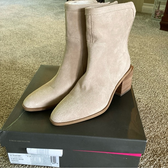 Vince Camuto Shoes - Vince Camuto Suede Boots 7.5M Almond Beige Mid Shaft 3 Inch Block Heel  NIB